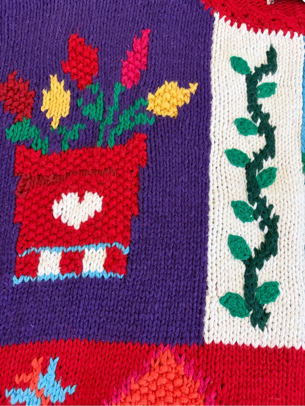 Vtg Karen Scott Hand Knit Sweater Spring Cardinal Bird Flowers Birdhouse Sz L - Picture 9 of 12